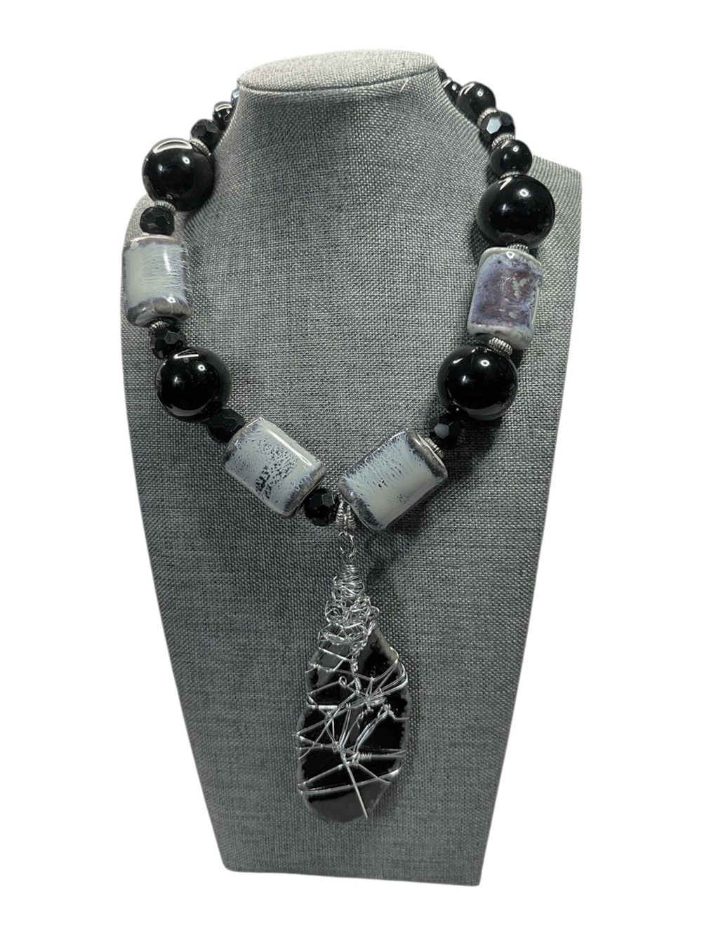 Handmade Ceramic & Black Agate Wire-Wrapped Statement Necklace
